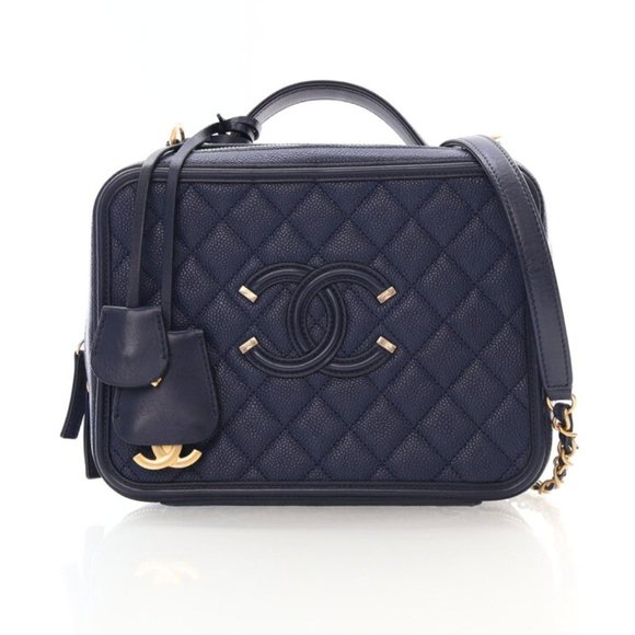 Chanel Handbags - Chanel Large Navy Caviar Filigree Vanity Case